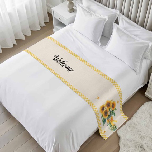 Welcome Bed Runner Scarf, Sunflowers Daisy Butterfly Yellow Check Linen Texture Twin Bed Scarf Runner, No Fading Decorative Bedding Scarf for Bedroom Hotels Homes and Guestrooms
