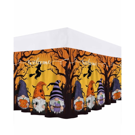 Welcome Bed Skirt Halloween Retro Flying Wizard Gnome Bed Skirts California King Size 18 Inch Drop, Wrap Around Dust Ruffle Bedskirt with Adjustable Elastic Belt for Queen Size Beds