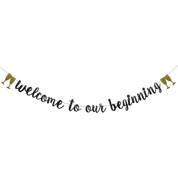 Welcome To Our Beginning Banner,PreStrung, Black Glitter Paper Party Decorations For Housewarming Bachelorette Friends Party Engagement Birthday Bridal Shower Party Supplies Letters Welcome To Our