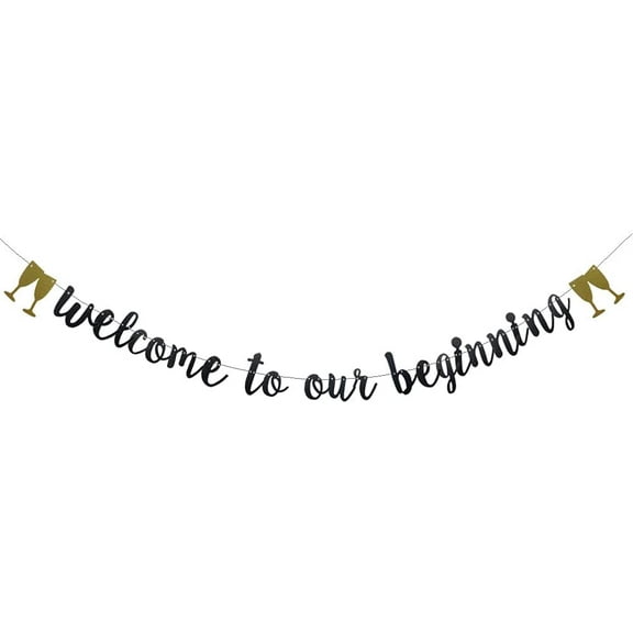 Welcome To Our Beginning Banner,PreStrung, Black Glitter Paper Party Decorations For Housewarming Bachelorette Friends Party Engagement Birthday Bridal Shower Party Supplies Letters Welcome To Our