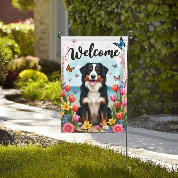 Welcome Bernese Mountain Dog Garden Flag 12x18 Inch DoubleSided Spring Summer Floral Dog Yard Flag Outdoor Decoration With Butterflies & Tulips Home Gifts for Men Women Birthday Gifts Memorial Day