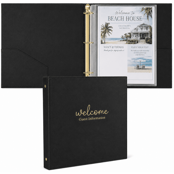 Welcome Binder for Short Term Rentals Black Faux Leather - 3 Ring Folder for Airbnb, Vacation Home, House Manual & Guest Information - Letter Size