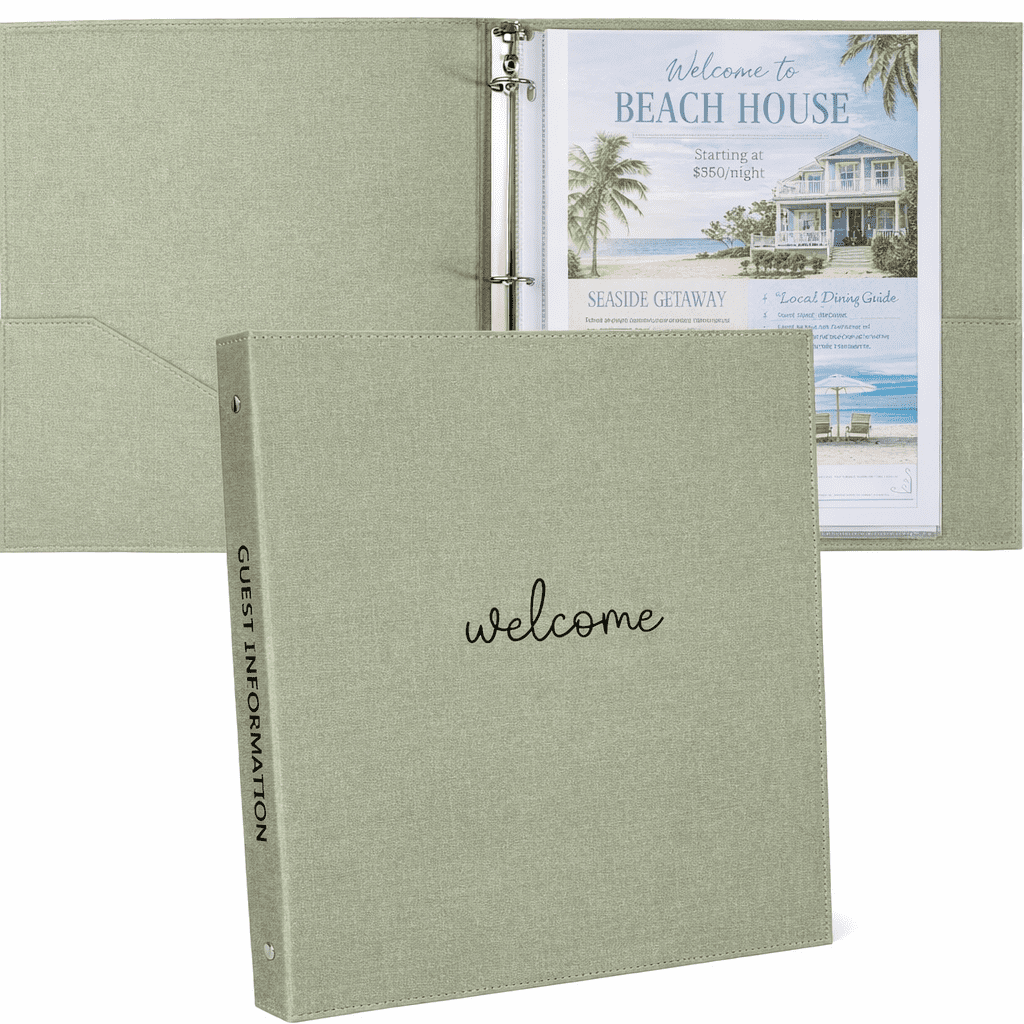 Welcome Binder for Short Term Rentals –Green Linen Fabric 3 Ring Folder ...