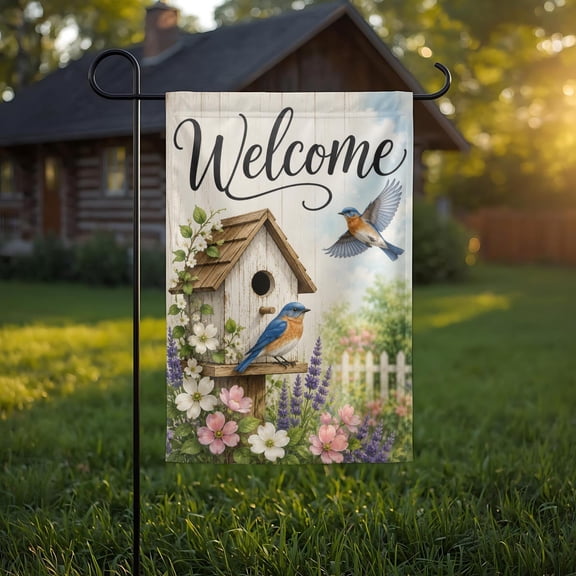 Welcome Birdhouse Garden Flag, Bluebird Spring Garden Decor, Floral Outdoor Yard Flag, Rustic Farmhouse Porch Decor