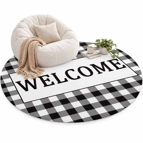 Welcome Black Area Rug 5', White Buffalo Check Plaid Soft Mat Non-Slip ...