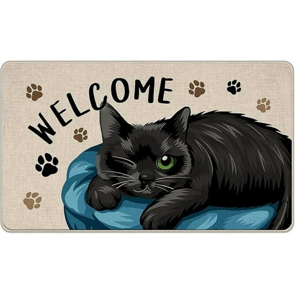 Welcome Black Cat Decorative Front Door Mat, Cat Paw Print Doormat Indoor Outdoor Non-Slip Floor Entryway Rug, Low Profile Home Low ProfileKitchen Decoration Pet Lover Gifts 1624 Inch.