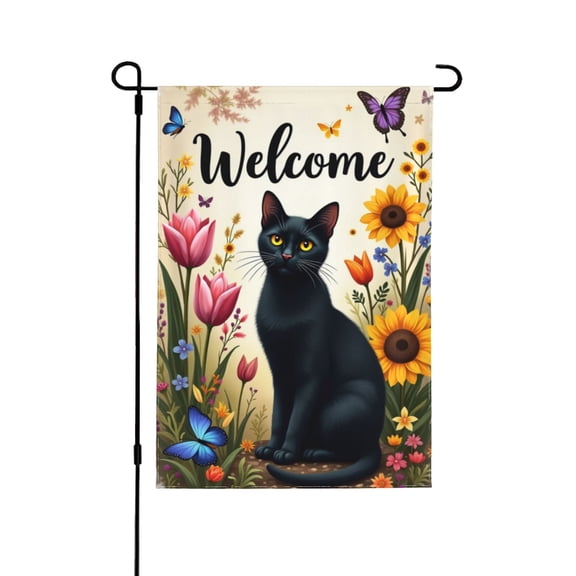 Welcome Black Cat Garden Flag 12x18 Inch Double Sided Spring Summer Floral Cat Yard Flag Outdoor House Decor