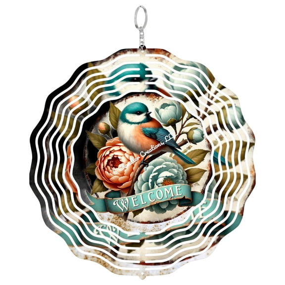 Welcome Blue Bird Peonies 3D Wind Spinner, Spring Nature Kinetic Sculpture, Floral Garden Hanging Decor