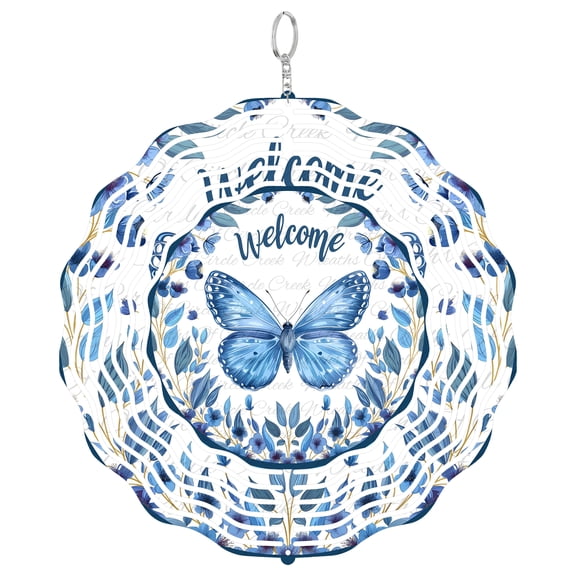 Welcome Blue Butterfly Floral 3D Wind Spinner Hanging, Round UV Printed Tinplate, Zen Garden Accessory,