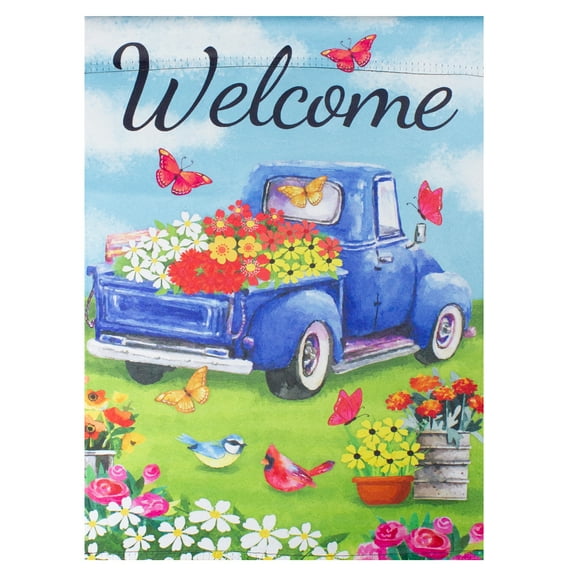 Welcome Blue Pickup Truck with Spring Flowers Outdoor Garden Flag 12.5" x 18"