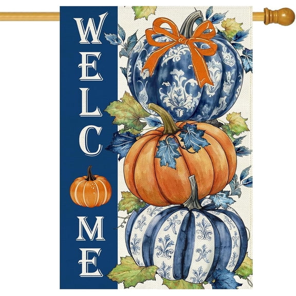 Welcome Blue Pumpkin Garden Flag, Elegant Fall Harvest Canvas Yard Decor, 28 x 40 in, Flag Only