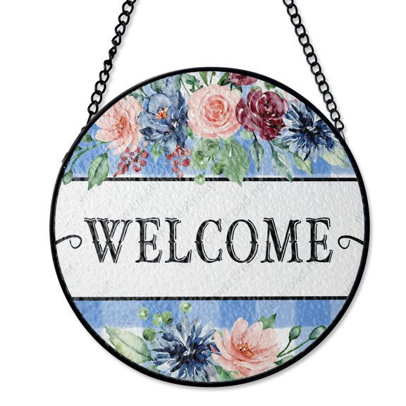 Welcome Blue White Checkered Floral Suncatcher Stained Glass Style UV Printed Glass Modern Farmhouse Round