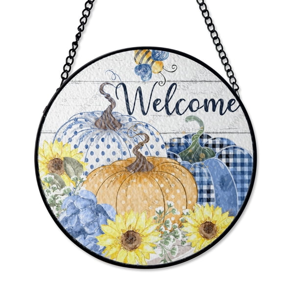 Welcome Blue White Pumpkins Checkered Suncatcher Stained Glass Style UV Printed Glass Modern Fall Decor Round