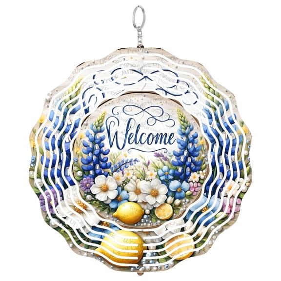 Welcome Bluebonnets Lemons Floral 3D Wind Spinner, UV Printed Tinplate Hanging Ornament, Texas Spring Decor, Gif