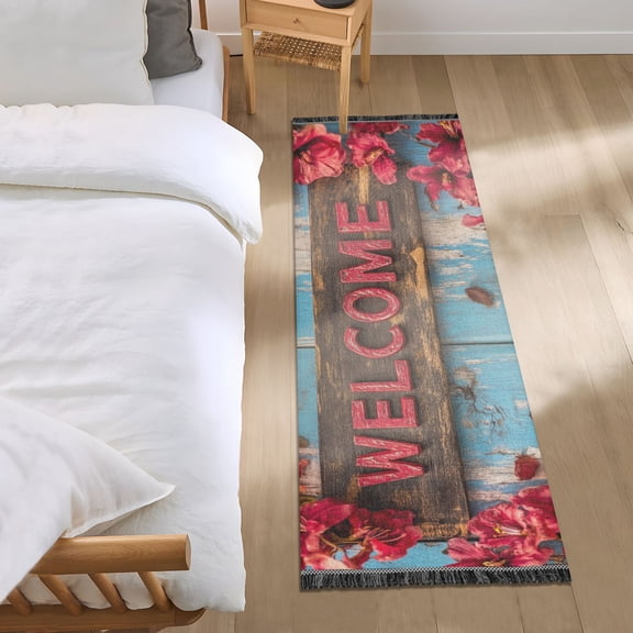Welcome Board Red Flowers Bedside Runner Rug 2'x 6' Non Slip Carpet Floor Mat Area Rug