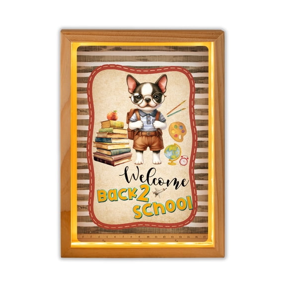 Welcome Boston Terrier Back to School Vintage Retro Acrylic Plaque with Wood Photo Frame Box Gentleman Dog Lover Gifts Light Box - 02012