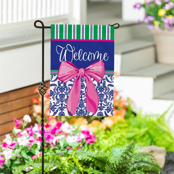Welcome Bow Chinoiserie Burlap Garden Flag