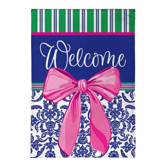 Welcome Bow Chinoiserie Burlap House Flag