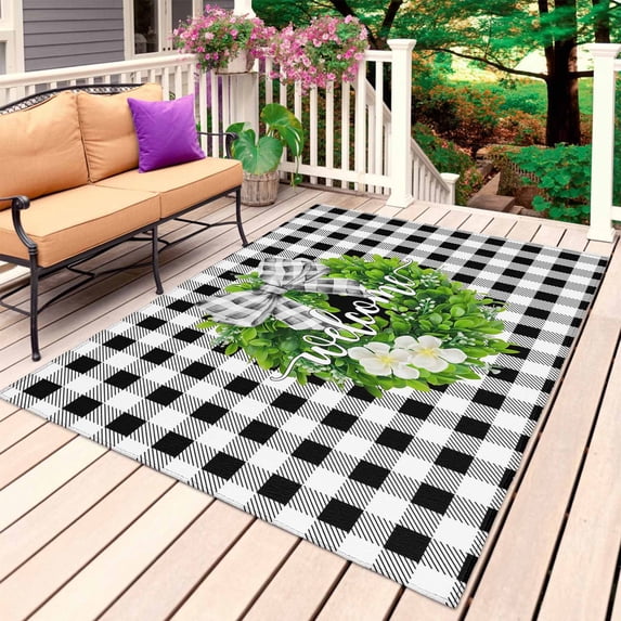 Welcome Bow Knot Wreath Outdoor Rug 6x9 Ft, Non Slip Washable Area Rug, Summer Flowers Black Gray Plaid Patio Rugs Carpet Runner, Large Floor Mat for Indoor/Outdoor Deck Porch Camping