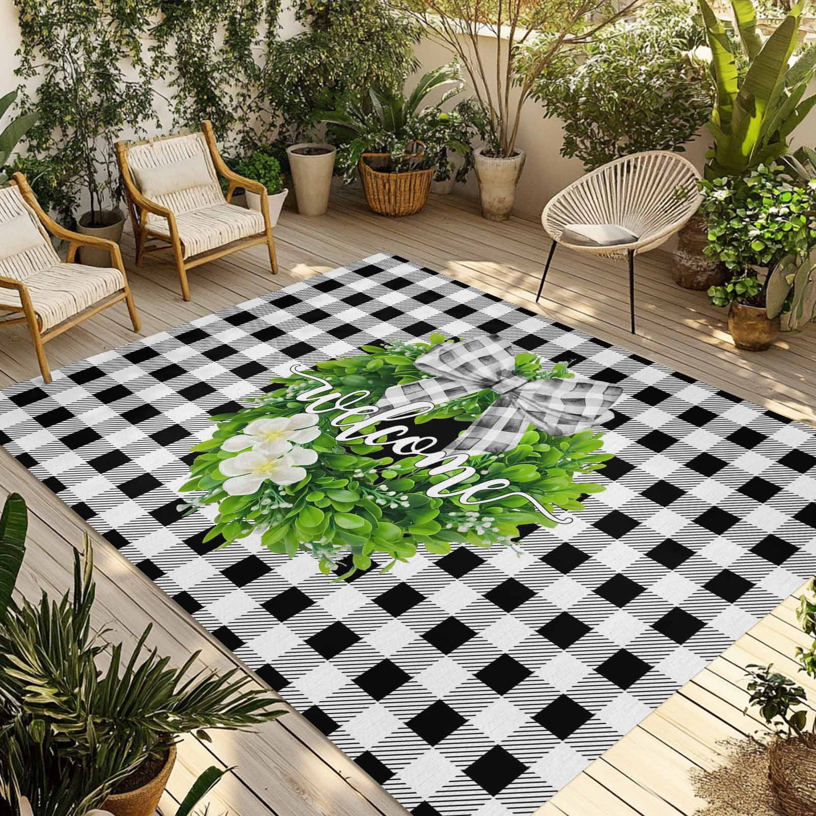 Welcome Bow Knot Wreath Outdoor Rug for Patio/Deck/Porch, Non-Slip ...