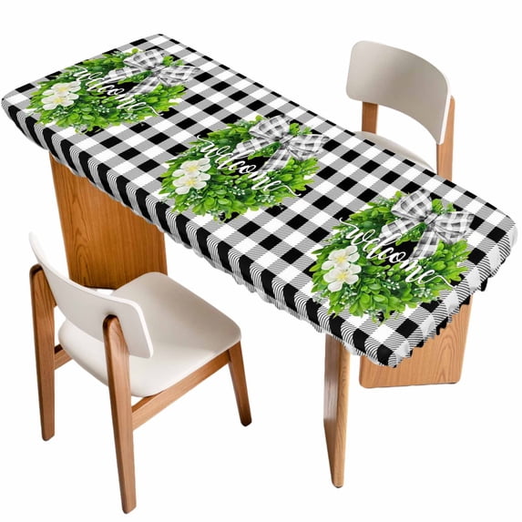 Welcome Bow Knot Wreath Table Cloths for 8 Foot Rectangle Tables, Summer Flowers Black Gray Plaid Patio Waterproof Elastic Fitted Tablecloths, Washable Rectangular Table Cover for Camping