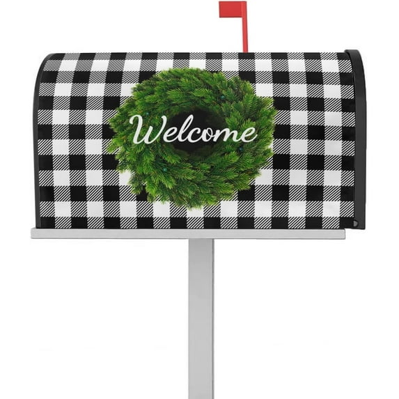 Welcome Box Magnetic Mailbox Cover - Green Wreath Black and White Buffalo Plaid Mailbox Covers Standard Size 21x18inch Polyester Mailbox Wraps Cover for Home Garden Outdoor Decoration