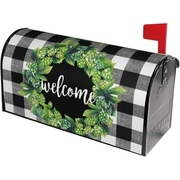 Welcome Box Wreath Buffalo Plaid Decor Mailbox Cover Spring Mailbox Covers Magnetic 21" X 18" Large Mailbox Wraps Post Letter Box Covers Garden Decorations Outdoor