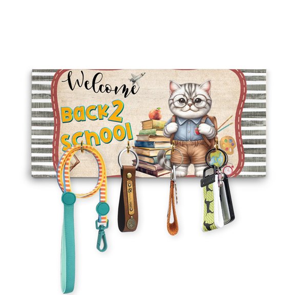 Welcome British Shorthair Back to School Vintage Retro Wood Key Holder Cat Lover Kitten Owner Gifts Wall-mounted Key Rack Home Decor - 02012
