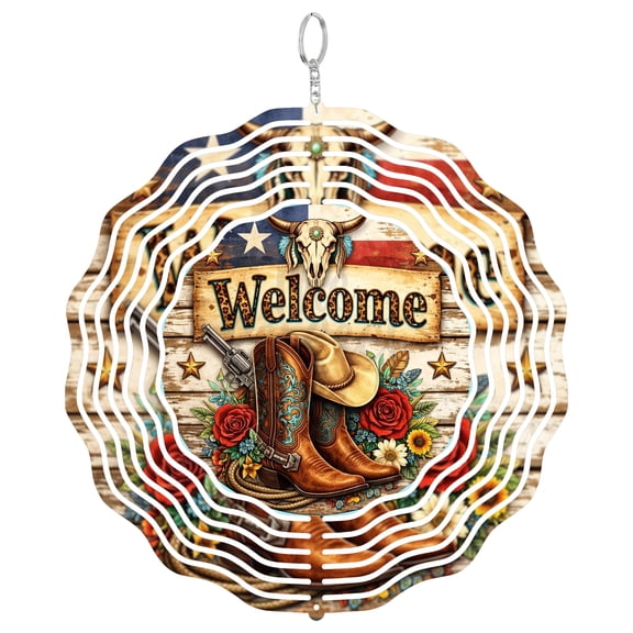 Welcome Bull Skull Western 3D Wind Spinner Stainless Steel Ranch Decor