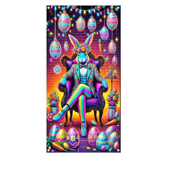 Welcome Bunny Door Cover, Pastel Happy Easter Door Backdrop Decoration, Easter Front Door Welcome Sign Decoration for Happy Easter Party Favors