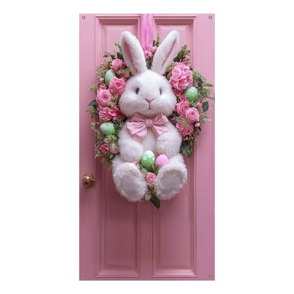Welcome Bunny Door Cover, Pink Happy Easter Door Backdrop Decoration, Easter Front Door Welcome Sign Decoration for Happy Easter Party Favors