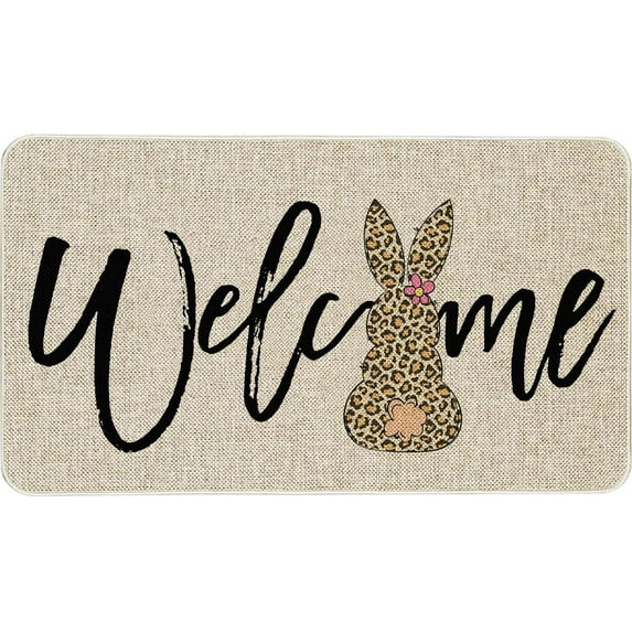 Welcome Bunny Easter Door Mat, Seasonal Spring Flower Home Decor Low-Profile Switch Rug Door Mat Floor Mat for Indoor Outdoor 17x29 Inch