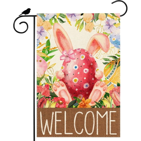 Welcome Bunny Eggs Rabbits Easter Garden Flag 12x18 Inch Double Sided Small Mini Yard Flag Outdoor Outside Holiday Party Decoration