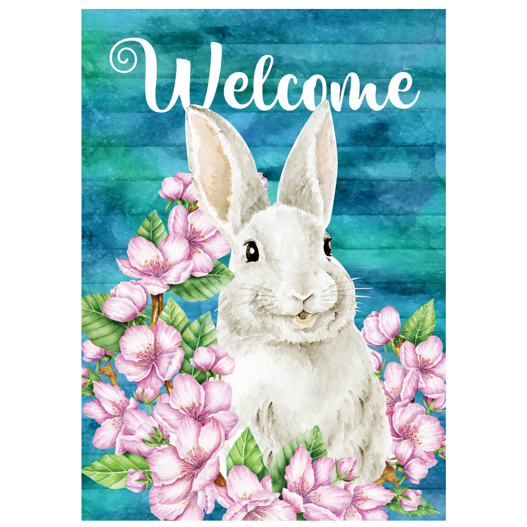 Welcome Bunny Floral Spring Garden Flag in Pink and Blue