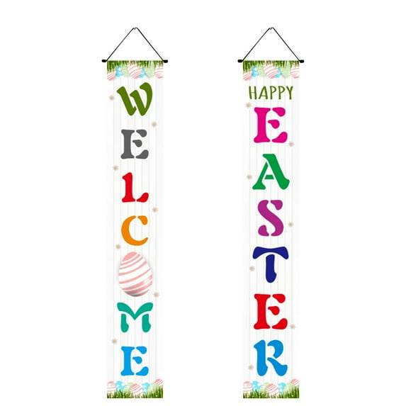 Welcome Bunny Porch Sign Banner,2pcs Happy Easter Door Banner Decoration Mouse Theme Bunny Easter Front Door Welcome Sign Hanging Banner for Spring Theme Easter Supplies