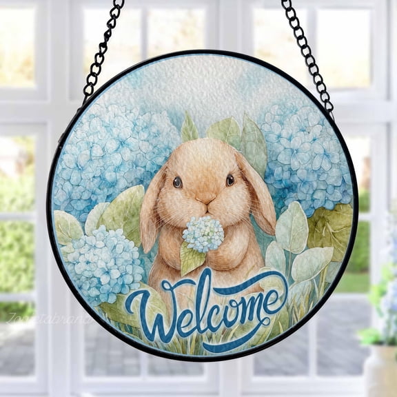 Welcome Bunny Stained Glass Suncatcher Metal Outdoor Decor Watercolor Spring Pastel Blue