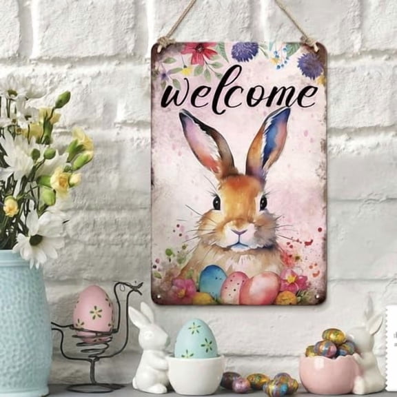 Welcome Bunny Summer Decor Spring Flowers Rabbit and Easter tin sign