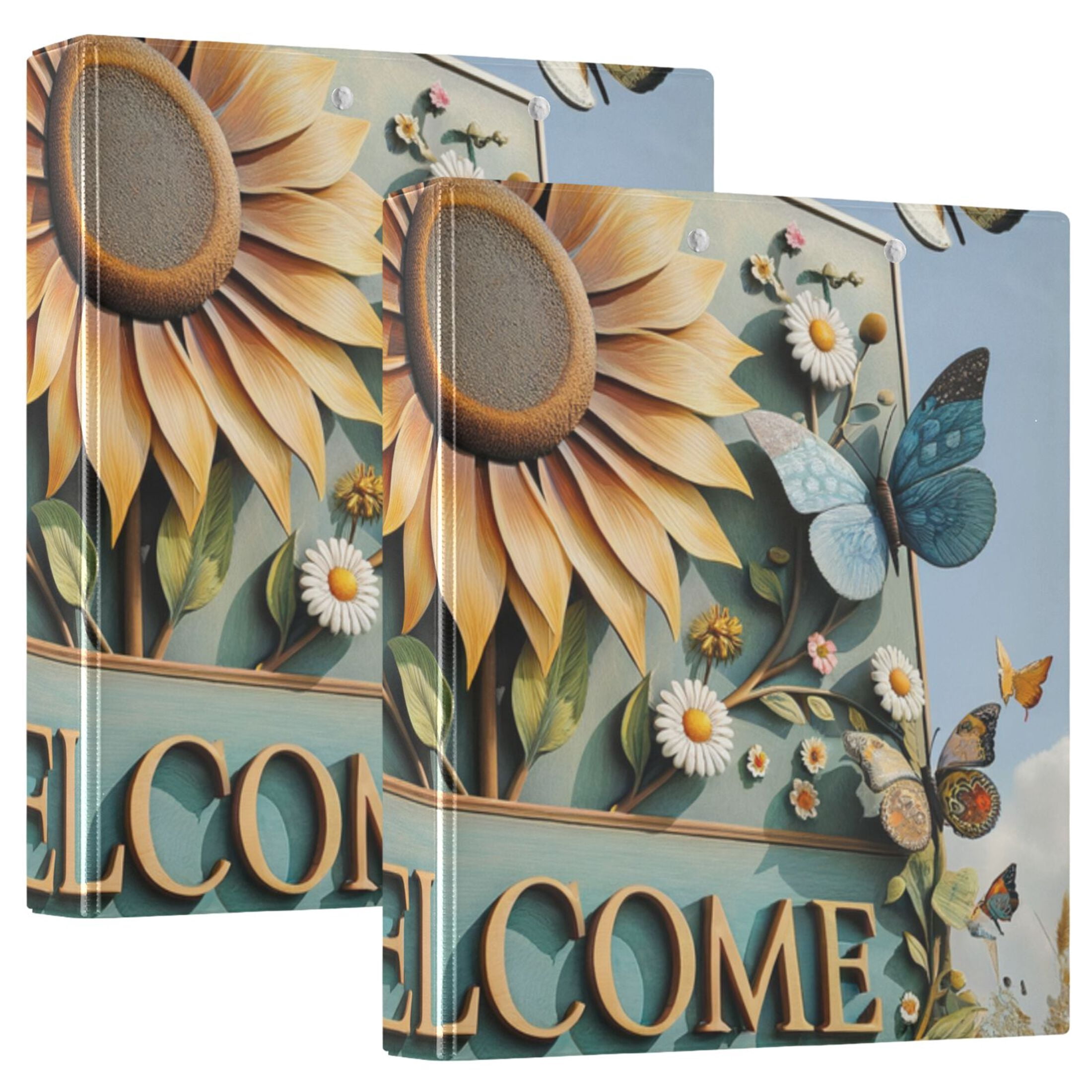 Welcome Butterfly Sunflower 3 Ring Binders 1.5 inch Hardcover File Folders with Interior Pockets A4 Size Organizer for School Office Hospital