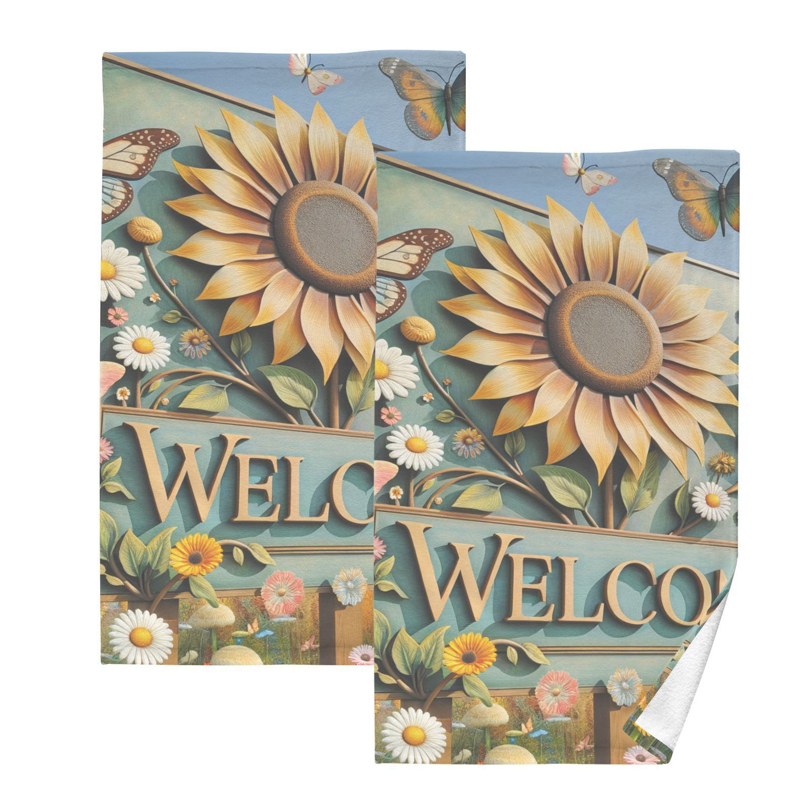 Welcome Butterfly Sunflower Hand Towels Cotton Bath Towels Large Face Towels Absorbent for Bathroom 2 Packs