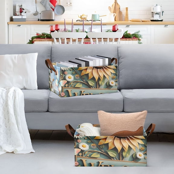 Welcome Butterfly Sunflower Storage Bins with Handles Foldable Storage Baskets for Shelves Organizer Cloth Baskets