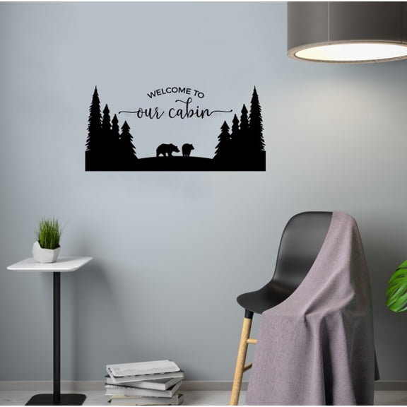Welcome To Cabin Vinyl Wall Art Decal - Pine Tree Bear Woodland Scene Quotes Wall Decor for Lodge - Rustic Entryway Decor for Wall - Cabin Interior Wall Vinyl Lettering Decor, 23x11-Inch, Black