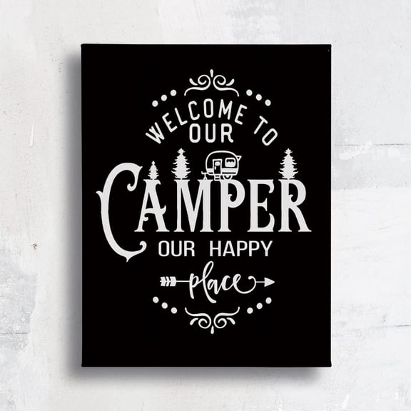 Welcome To Our Camper Our Happy Place Canvas Wall Art Prints Artwork Signs Framed for Campsite Porch Wall Decor Home Room RV Decor, 11X14 inch,Housewarming Gift,Camper Camping Lovers Gifts(704)