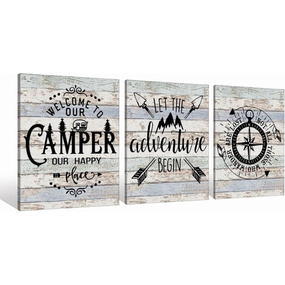 Welcome To Our Camper Let The Adventure Begin Camping Canvas Wall Art Prints Artwork Signs Framed for Campsite Porch Wall Decor Home Room RV Decor, 11X14 inch Set Of 3,Campers Camping Lovers Gifts