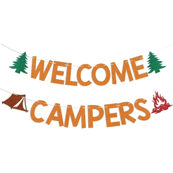 Welcome Campers Banner - Camping Theme Birthday Bachelorette Party Decor, Family Camp Day Party Decor, Forest Adventure Baby Shower Decorations Orange Glitter