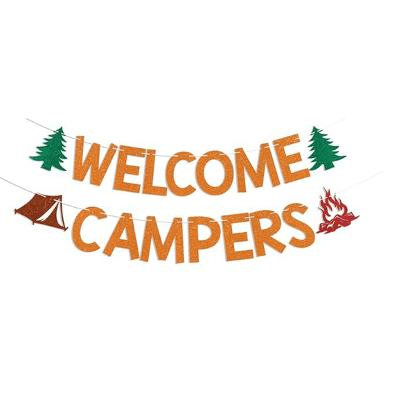 Welcome Campers Glitter Banner, Orange and Green, Camping Party Decoration with Trees, Tent, and Campfire