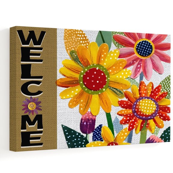 Welcome Canvas Wall Art 16" x 12" Spring Yellow Pink Dots Floral White Linen Texture Frame Picture Prints, Ready to Hang Waterproof Artwork Decor for Bedroom, Office, Bathroom Entryway