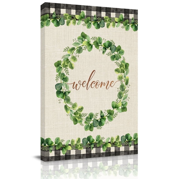 Welcome Canvas Wall Art for Living Room, Spring Eucalyptus Leaf Plaid Farmhouses Linen Wall Decor Framed Artwork Pictures Ready to Hang for Bedroom Office Home Decor