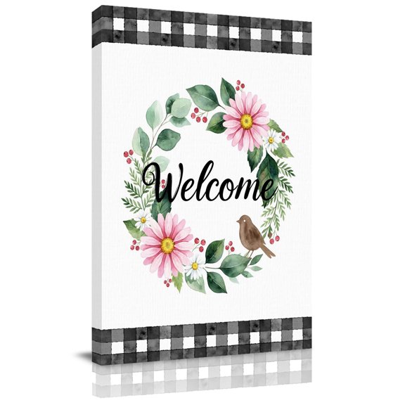 Welcome Canvas Wall Art for Living Room, Vintage Pink Floral Leaf Wreath Bird Black Plaid Border Poster Print Painting for Bedroom Office Home Decoration Wall Pictures Prepare To Hang 8"x10"