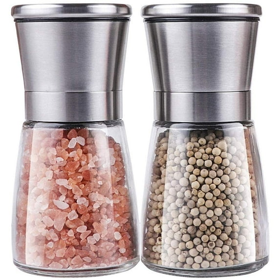 Salt and Pepper Grinder Set of 2- Premium Brushed Stainless Steel Salt and Pepper Shakers with Adjustable Coarseness, Refillable Salt and Pepper Mills for Sea Salt, Black Peppercorn
