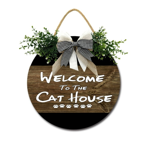 Welcome To The Cat House Front Door Sign Funny Wreaths Hanging Wooden Plaque Decoration Round Rustic Wood Farmhouse Porch Decor for Home Front Door Decor, 11 x 11 Inch